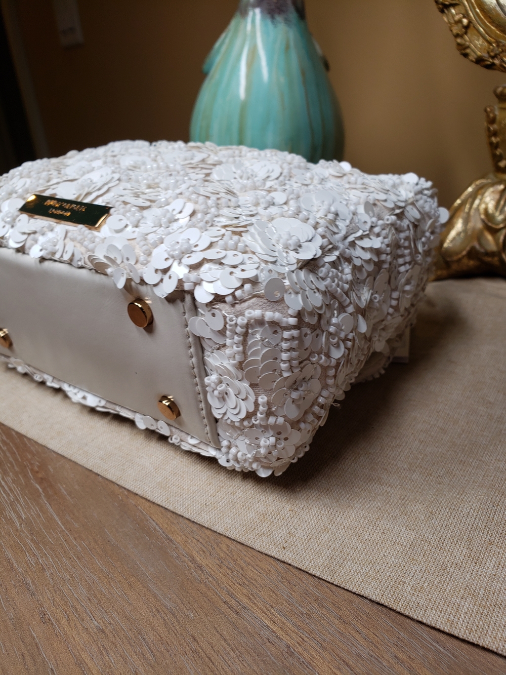 Kurt Geiger White Sequin Beaded Floral Top-Handle Satchel w/ Crossbody NWT! - Picture 12 of 17